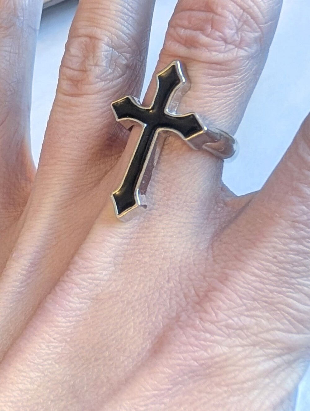 NWT Large Silver and Black Cross Ring Adjustable Size Unisex - Picture 5 of 10